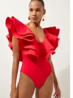 Karen Millen Tall Drama Frill Swimsuit - RED